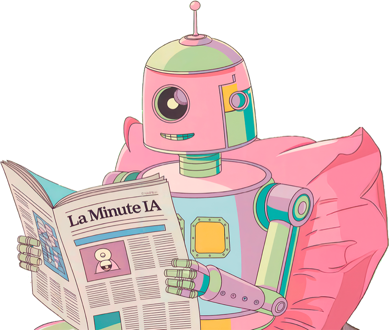 La mascotte de La Minute IA : un petit robot pastel qui lit le journal