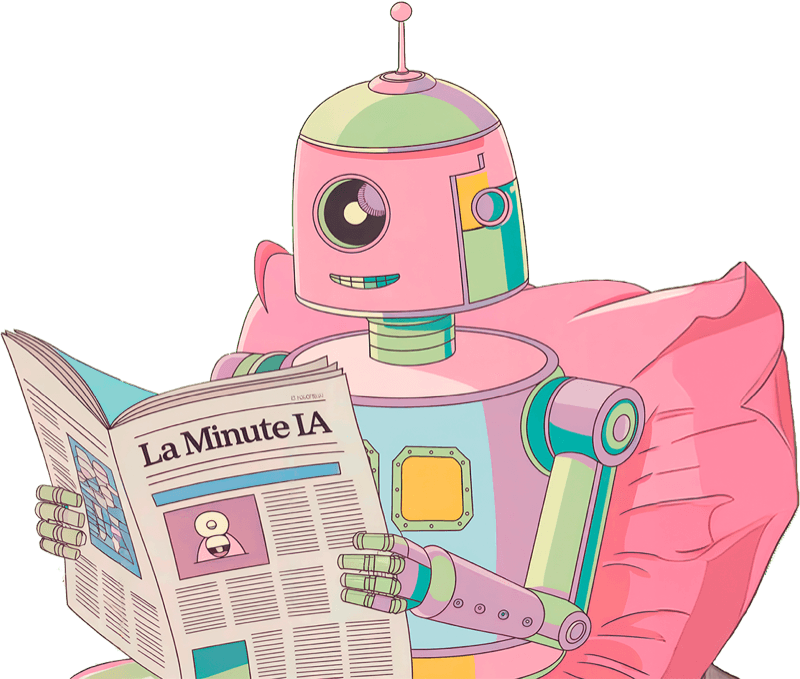 La mascotte de La Minute IA : un petit robot pastel qui lit le journal